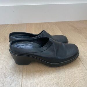 Dansko Black Leather Heeled Clogs
